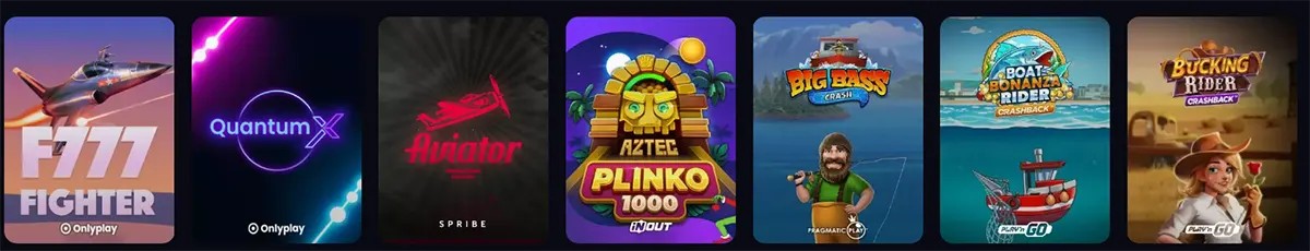 Row of game thumbnails showing F777 Fighter, QuantumX, Aviator, Aztec Plinko 1000, Big Bass Crash, Boat Bonanza Rider Crashback, and Bicking Rider Crashback.