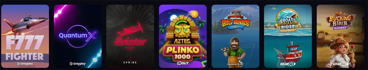 Row of game thumbnails showing F777 Fighter, QuantumX, Aviator, Aztec Plinko 1000, Big Bass Crash, Boat Bonanza Rider Crashback, and Bicking Rider Crashback.