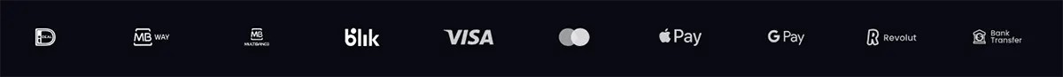 Payment methods banner showing MB WAY, Mastercard, Blik, Visa, Apple Pay, Google Pay, Revolut, and Bank Transfer icons on a dark background.