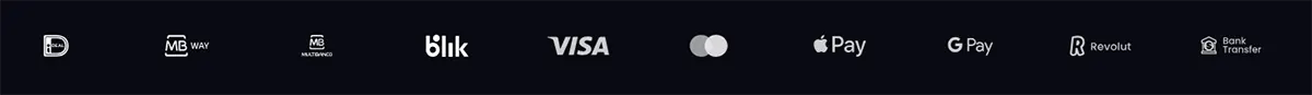 Payment methods banner showing MB WAY, Mastercard, Blik, Visa, Apple Pay, Google Pay, Revolut, and Bank Transfer icons on a dark background.