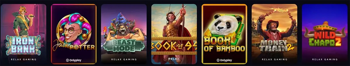 Row of slot game thumbnails showing Iron Bank, Jackpotter, Beast Mode, Book of Aztec, Book of Bamboo, Money Train 2, and Wild Chapo 2.