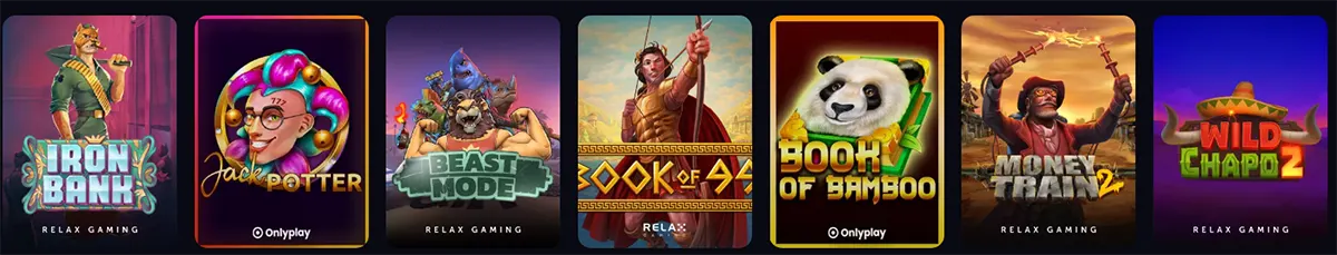 Row of slot game thumbnails showing Iron Bank, Jackpotter, Beast Mode, Book of Aztec, Book of Bamboo, Money Train 2, and Wild Chapo 2.