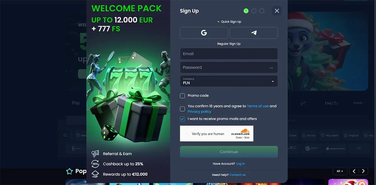 Casino sign-up pop-up with Google/Telegram quick registration, email and password fields, PLN currency selector, consent checkboxes, and a Cloudflare “Verify you are human” check, alongside a welcome pack promo offering up to €12,000 plus 777 free spins.