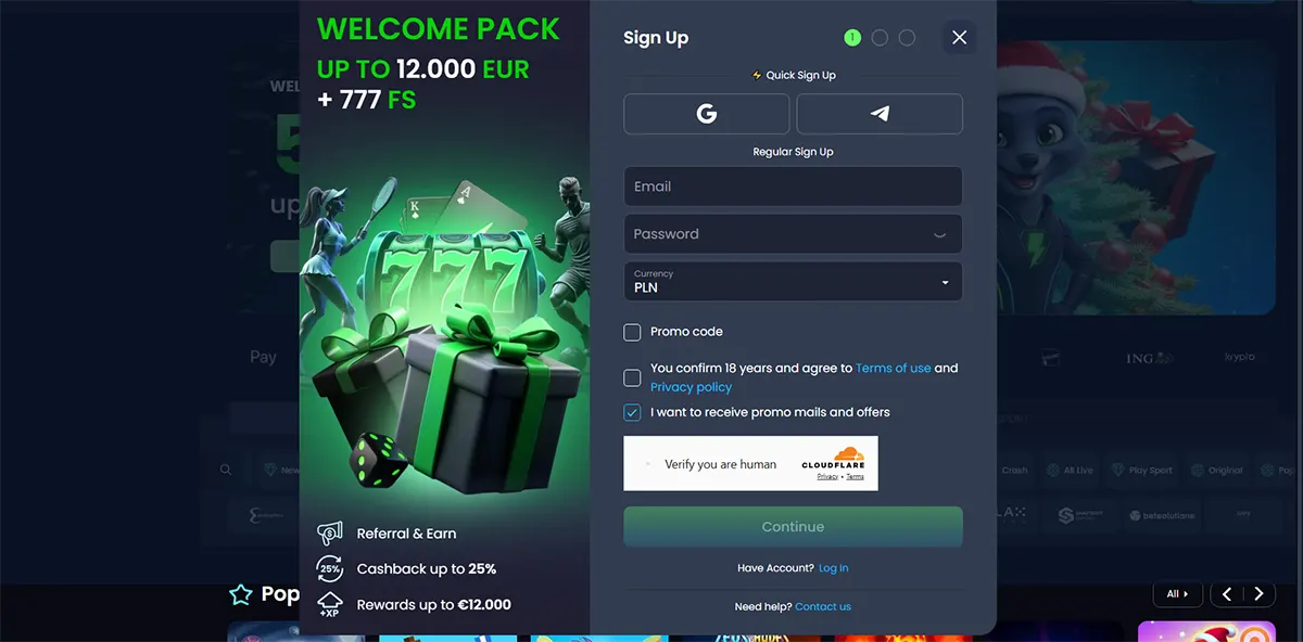 Casino sign-up pop-up with Google/Telegram quick registration, email and password fields, PLN currency selector, consent checkboxes, and a Cloudflare “Verify you are human” check, alongside a welcome pack promo offering up to €12,000 plus 777 free spins.